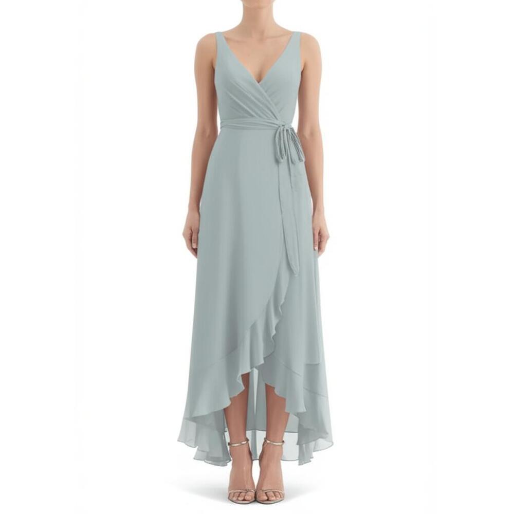David's Bridal Womens Dress Size 10‎ Light Grey Wrap Ruffle Hem Tie Waist